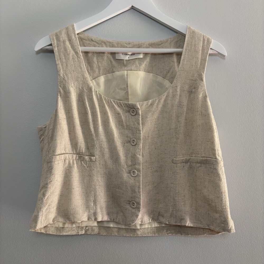 Commense Button Up Vest Women L Beige Linen Rayon Beach Coastal Grandma Classic